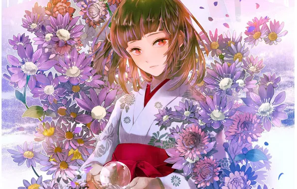 Картинка девочка, жрица, красные глаза, японская одежда, хризантемы, стеклянный шар, челка