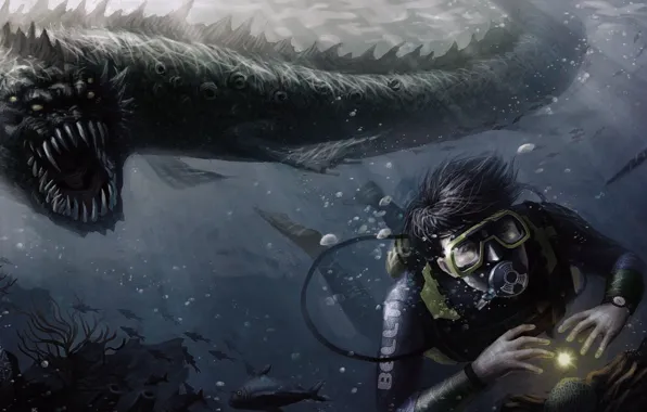 Картинка монстр, аквалангист, жемчуг, охота, чудовище, Под водой