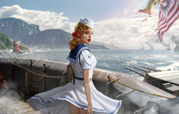 Картинка sea, look, lighthouse, sailor, world of warships, sailor girl