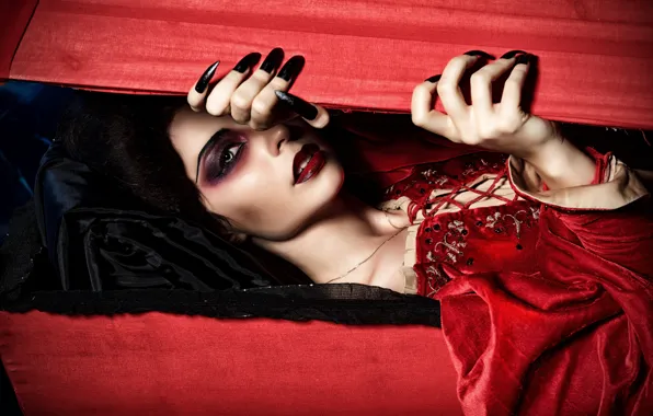 Картинка девушка, лицо, готика, girl, гроб, Вампир, face, Vampire, Gothic, red lips, красные губы, coffin