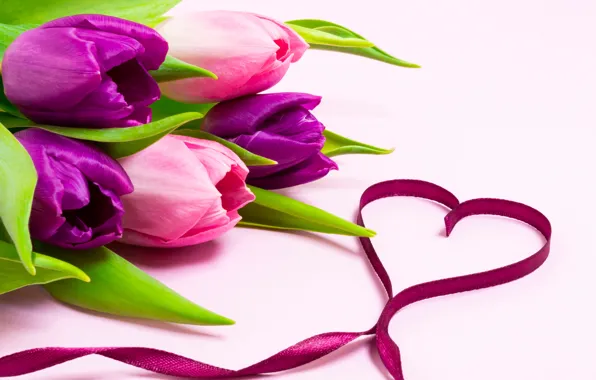 Картинка любовь, цветы, сердце, букет, лента, тюльпаны, love, heart, pink, flowers, romantic, tulips, purple, ribbon