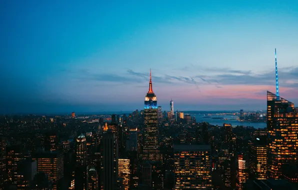 Картинка city, lights, USA, twilight, sky, night, cloud, New York, Manhattan, NYC, New York City, city …