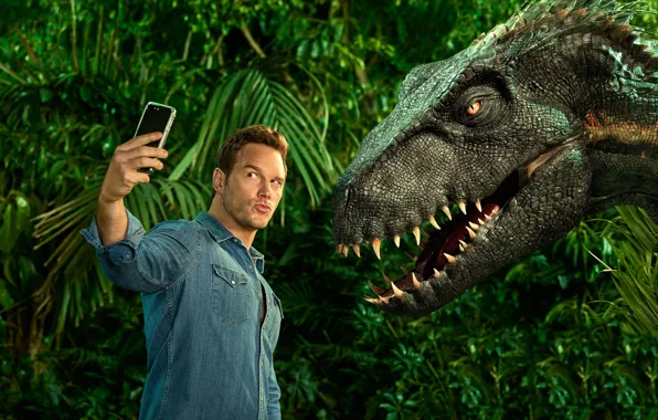 Картинка динозавр, телефон, мужчина, Chris Pratt, In Jurassic World Fallen Kingdom