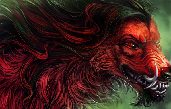 Картинка страх, волк, хищник, шерсть, пасть, клыки, оборотень, красные глаза, злобный взгляд, werewolf, матерый, by Alaiaorax