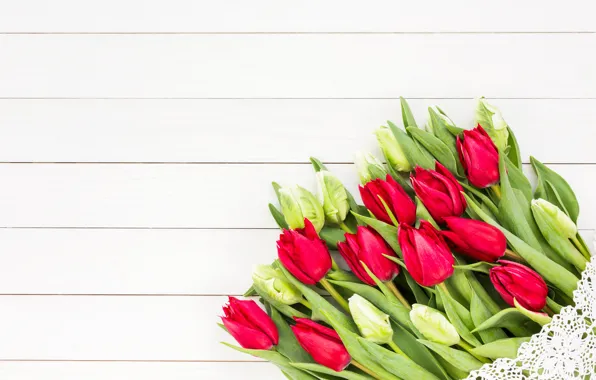 Картинка цветы, букет, лента, тюльпаны, красные, red, love, yellow, wood, flowers, beautiful, romantic, tulips, spring