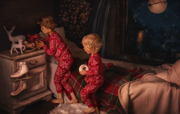Картинка ночь, дети, комната, игрушки, кровать, окно, Рождество, тумбочка, коньки, Lisowska Monika