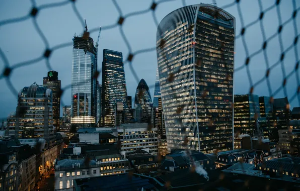 Картинка city, lights, evening, fence, London, buildings, architecture, skyscrapers, urban, cityscape, metropolis, 4k ultra hd background, …