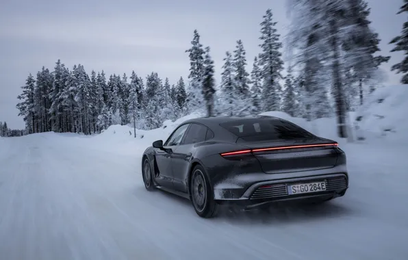 Картинка снег, чёрный, Porsche, зимняя дорога, 2020, Taycan, Taycan 4S