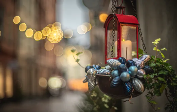 Картинка город, свеча, Рождество, фонарь, Новый год, Стокгольм, Швеция, боке, ёлочные игрушки, декорация