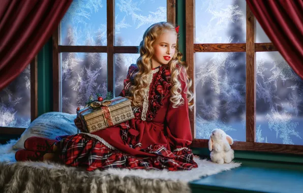 Картинка подарок, игрушка, кролик, платье, окно, мороз, девочка, подушка, зайка, локоны, на подоконнике, Диана Липкина