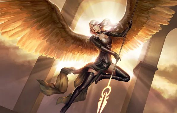Картинка девушка, свет, полет, поза, оружие, крылья, ангел, фэнтези, арт