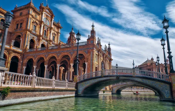 Картинка вода, город, здания, фонари, канал, архитектура, Испания, мостики, Севилья