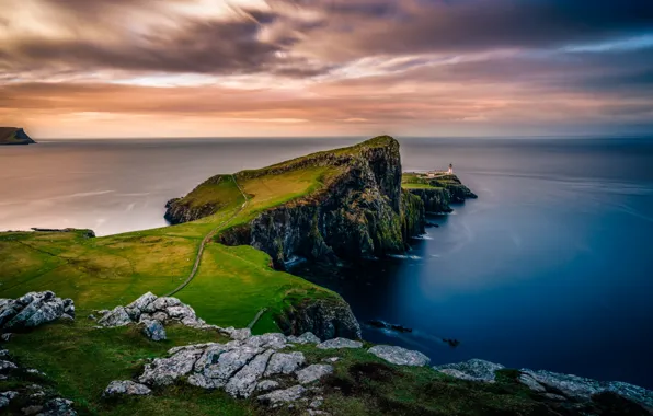 Картинка море, пейзаж, природа, скалы, маяк, остров, Шотландия, Скай