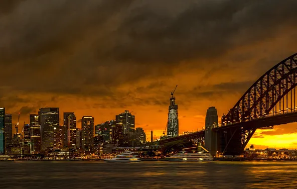 Картинка закат, мост, здания, дома, Австралия, панорама, залив, Сидней, небоскрёбы, Australia, Sydney, Sydney Harbour Bridge, Харбор-Бридж, …