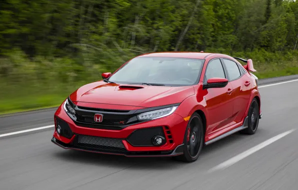 Картинка красный, движение, растительность, Honda, хэтчбэк, пятидверный, 2019, Civic Type R, 5th gen, FK8
