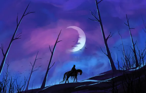 Картинка dark, moon, fantasy, trees, night, red eyes, birds, horse, artist, digital art, artwork, fantasy art, …