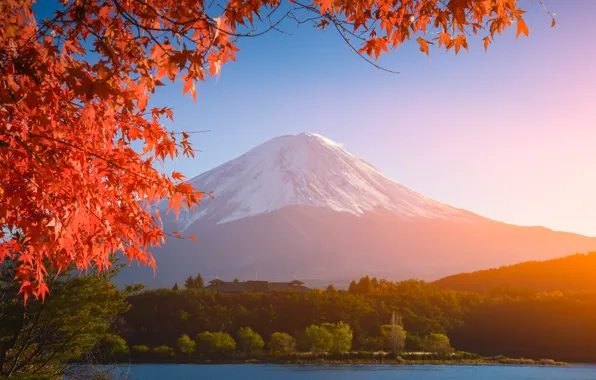 Картинка осень, небо, листья, colorful, Япония, Japan, red, клен, гора Фуджи, landscape, autumn, leaves, осенние, maple, …