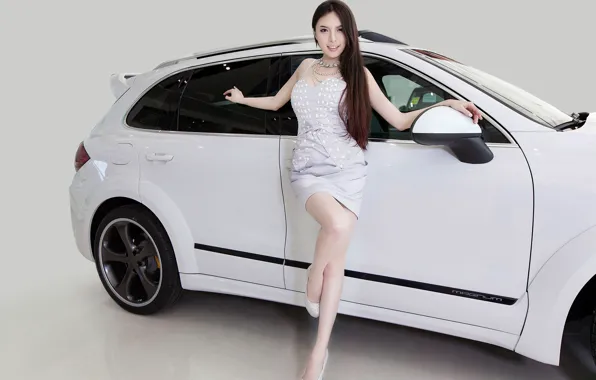 Картинка взгляд, Девушки, Porsche, азиатка, красивая девушка, белый авто, позирует над машиной