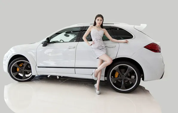 Картинка взгляд, фон, Девушки, Porsche, азиатка, красивая девушка, белый авто, позирует над машиной