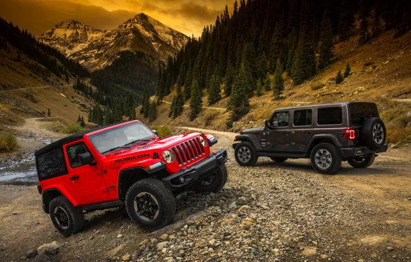 Картинка горы, красный, грунтовка, 2018, Jeep, тёмно-серый, Wrangler Rubicon, Wrangler Sahara