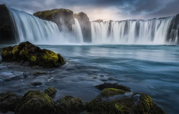 Картинка река, камни, водопад, Исландия, Iceland, Godafoss, Годафосс, Река Скьяульвандафльоут, Skjálfandafljót River
