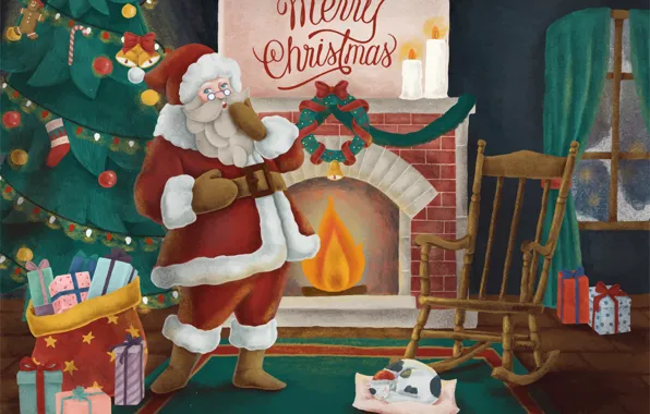 Картинка Комната, Рождество, Новый год, Санта Клаус, Камин, Merry Christmas, Подарки, Рождественская елка, Мешок, Счастливого рождества