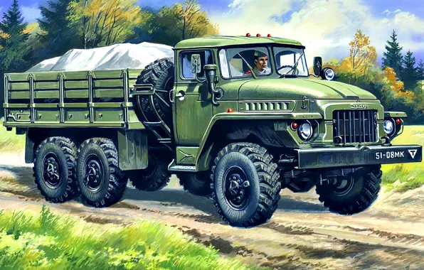 Картинка СССР, автомобиль, грузовой, полноприводный, военного назначения, Урал-375Д