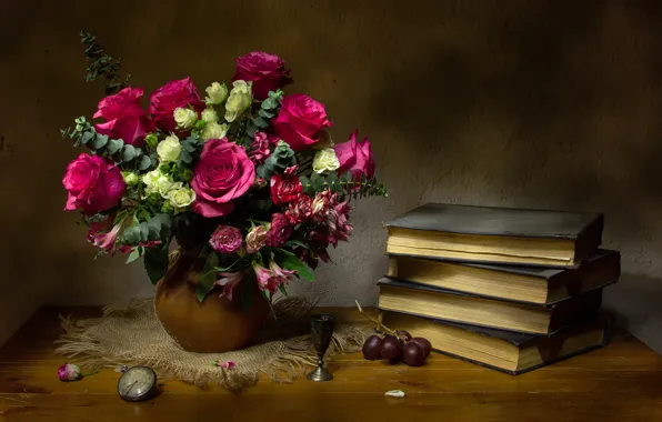 Картинка цветы, стиль, часы, книги, розы, букет, виноград, натюрморт, Татьяна Феденкова