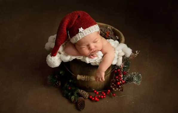Картинка ягоды, фон, Рождество, ведро, Новый год, шишки, ребёнок, шапочка, младенец