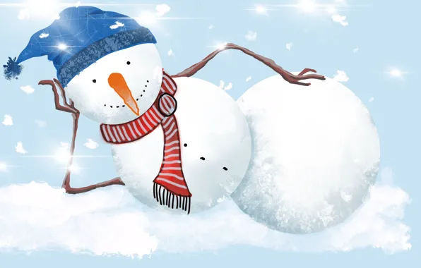 Картинка зима, снег, улыбка, праздник, графика, морковка, шарф, Рождество, Новый год, лежит, снеговик, снегопад, колпак, голубой …