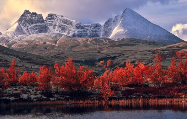 Картинка осень, снег, деревья, пейзаж, горы, озеро, река, скалы, холмы, берег, листва, склоны, вершины, вид, красная, …