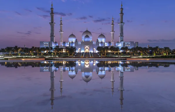 Картинка вода, ночь, город, отражение, пальмы, освещение, ОАЭ, купола, Мечеть шейха Зайда, Абу-Даби, ислам, Эмираты
