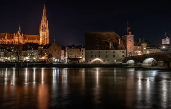 Картинка мост, огни, река, вечер, Германия, Regensburg