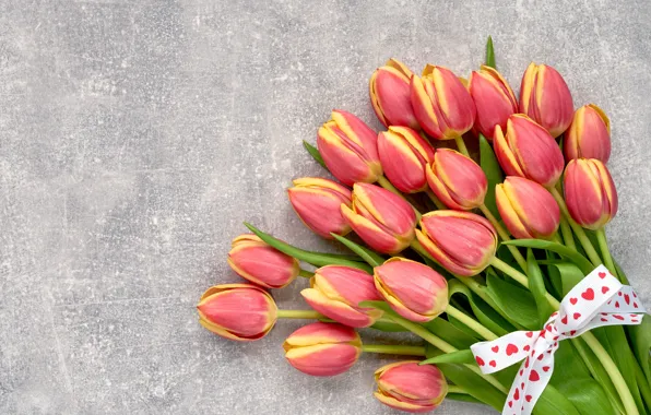 Картинка цветы, букет, лента, тюльпаны, красные, red, love, flowers, beautiful, romantic, tulips, spring