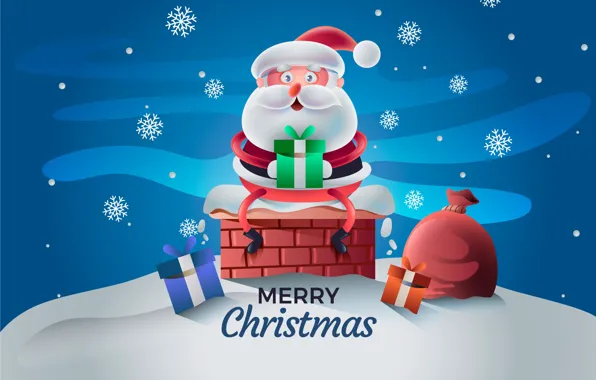 Картинка Ночь, Снег, Рождество, Труба, Новый год, Крыша, Праздник, Merry Christmas, Санта-Клаус, Рождественская елка, Мешок, Счастливого …