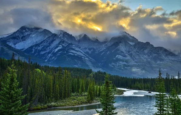 Картинка лес, небо, облака, снег, деревья, горы, тучи, природа, река, скалы, Канада, Альберта, Banff national park, …