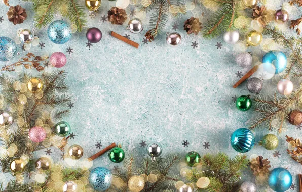 Картинка украшения, шары, Рождество, Новый год, new year, Christmas, balls, wood, decoration, frame, fir tree, ветки …