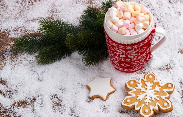 Картинка снег, Новый Год, печенье, Рождество, Christmas, wood, snow, New Year, какао, cookies, decoration, Merry, fir …