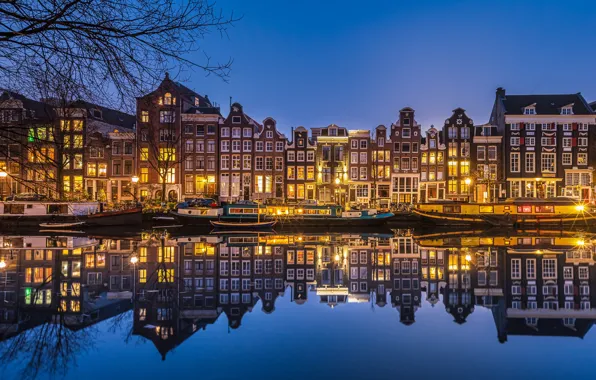 Картинка отражение, здания, дома, причал, Амстердам, Нидерланды, ночной город, Amsterdam, Netherlands, Singel Canal, Канал Сингел