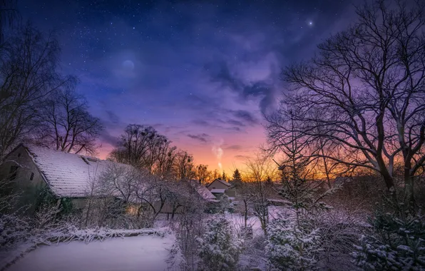 Картинка зима, снег, деревья, пейзаж, природа, рассвет, дома, утро
