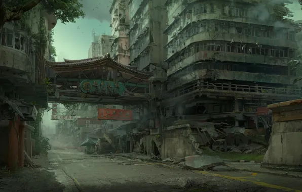 Картинка руины, постапокалиптика, Hong Kong, разрушенный город, в темноте, безлюдный город, postapocalyptic, заброшенная зона, разрушенные здания, …