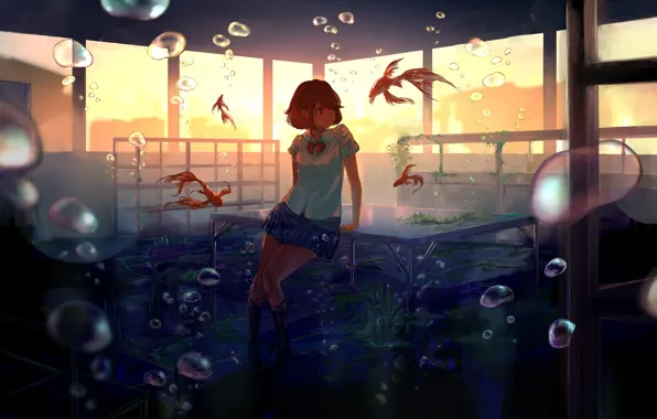 Картинка девушка, рыбы, закат, улыбка, пузыри, аниме, арт, форма, класс, школьница, под водой, парты, goroku