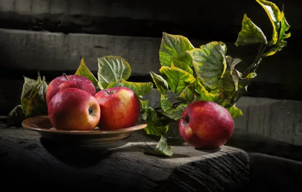 Картинка листья, яблоки, доски, ветка, тарелка, фрукты, Сергей Фунтовой