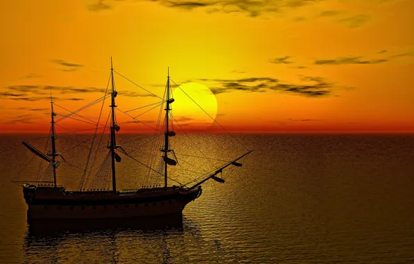 Картинка море, солнце, рассвет, корабль, парусник