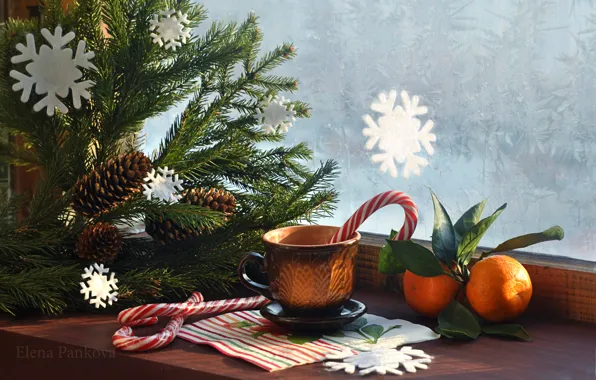 Картинка елка, окно, кружка, Новый год, Christmas, шишки, New Year, мандарины