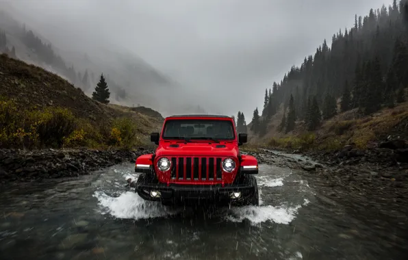 Картинка вода, красный, дождь, пасмурно, 2018, Jeep, Wrangler Rubicon
