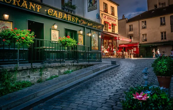 Картинка цветы, Франция, Париж, здания, дома, Paris, France, улочка, Montmartre, Монмартр