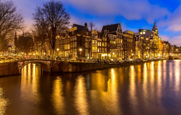 Картинка ночь, city, город, lights, огни, река, Амстердам, panorama, night, Amsterdam, Голландия, Netherlands, cityscape, Canal