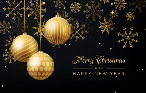 Картинка украшения, фон, золото, Рождество, Новый год, golden, christmas, черный фон, new year, happy, balls, background, …