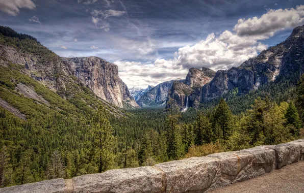 Картинка лес, горы, фото, водопад, Калифорния, USA, Йосемити